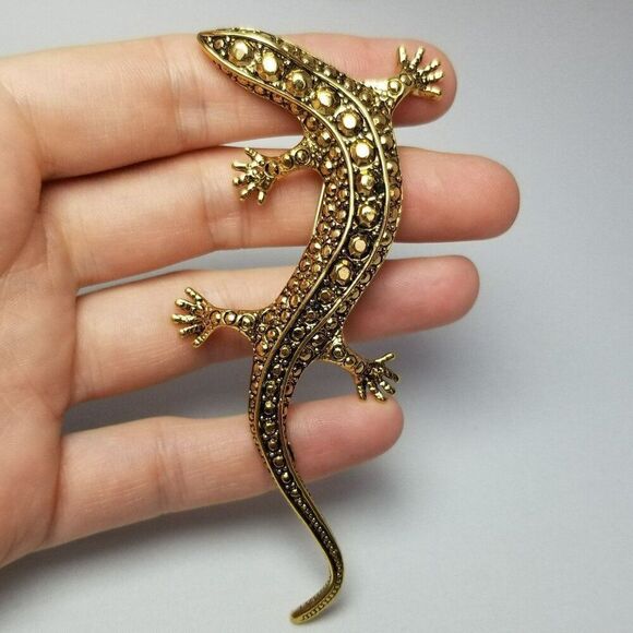 Vintage Lizard Brooch, Gold Tone Gecko, Figural Animal Signed Estate - Picture 6 of 7